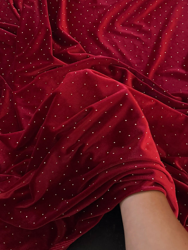Rhinestone Beaded Stretch Velvet Red