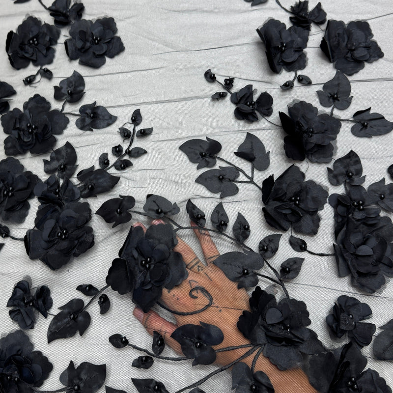 Black 3D Flower Beaded Lace Mesh