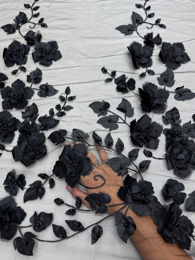 Black 3D Flower Beaded Lace Mesh