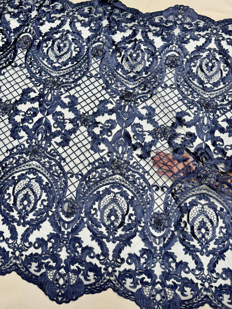 Embroidered Scalloped Lace Navy Baroque