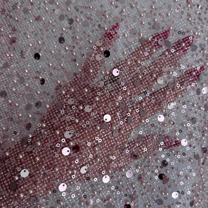 Stretch Sequin Pearl Beaded Mesh Mauve