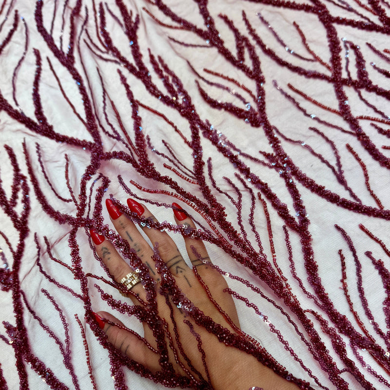 Beaded Sequin Lace on Mesh Burgundy