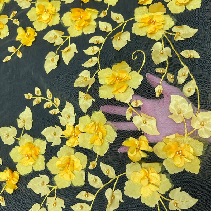 Yellow 3D Flower Beaded Lace Mesh