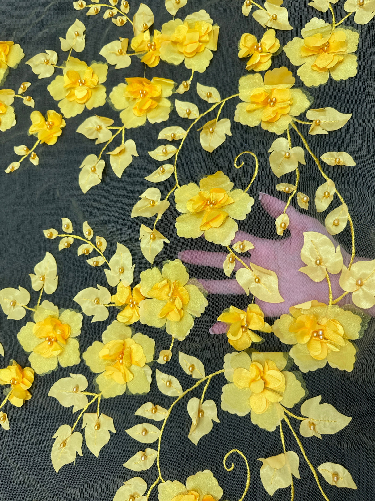Yellow 3D Flower Beaded Lace Mesh