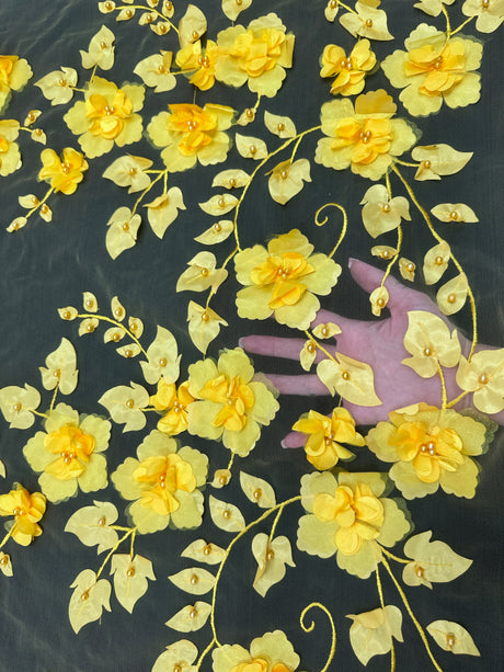 Yellow 3D Flower Beaded Lace Mesh