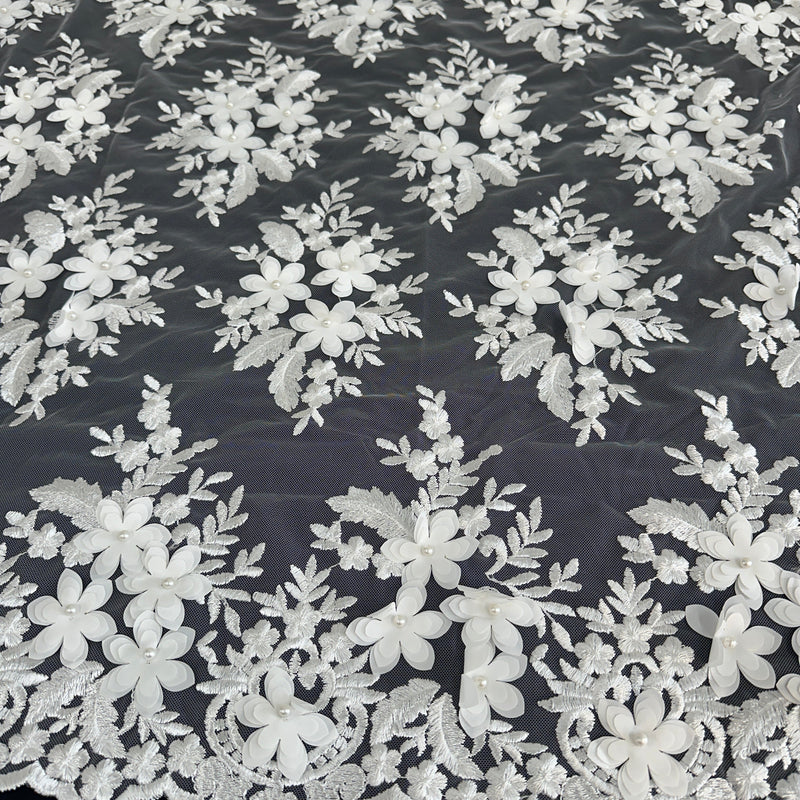 3D Flower Scalloped Mesh Lace White