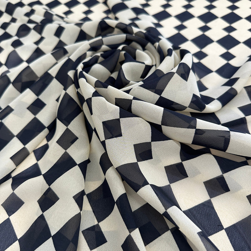 Printed Viscose Chiffon Ivory Black Checkers