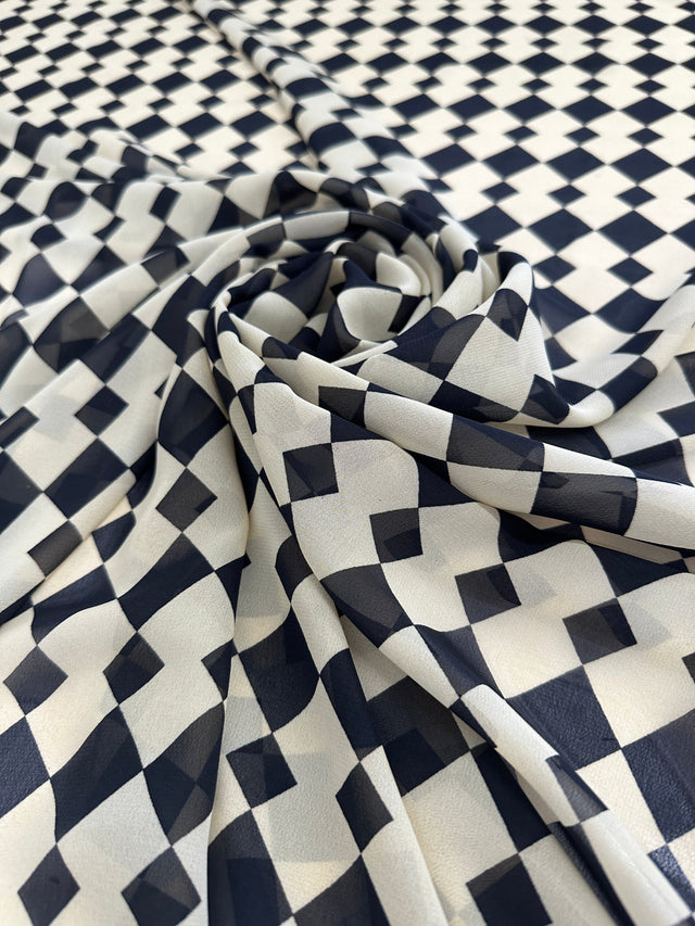 Printed Viscose Chiffon Ivory Black Checkers