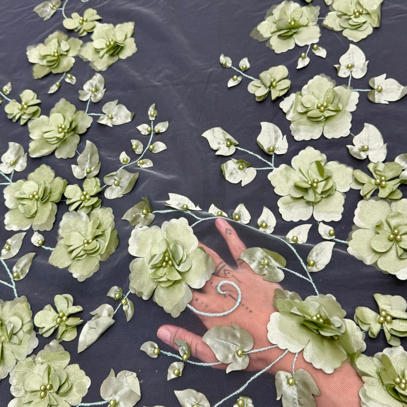 3D Flower Beaded Lace Mesh Pistachio