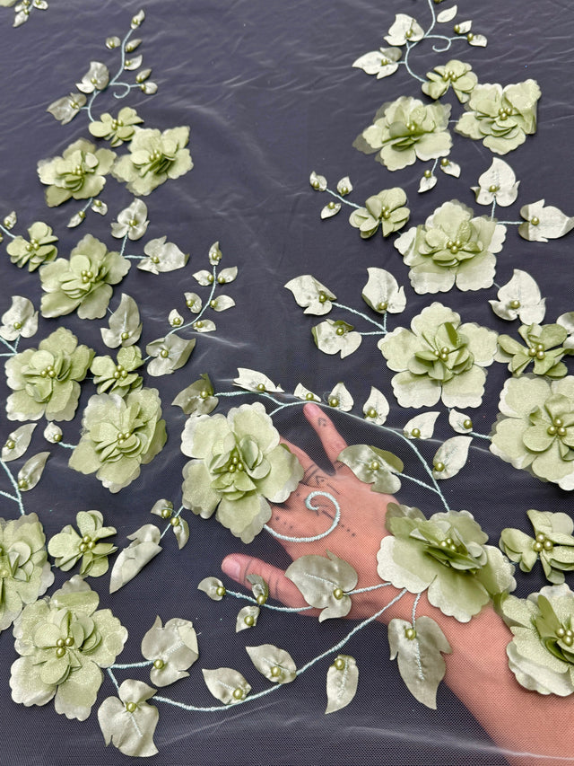 3D Flower Beaded Lace Mesh Pistachio