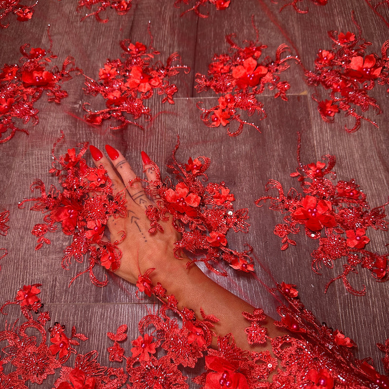 Stretch 3D Floral Beaded Tulle Lace