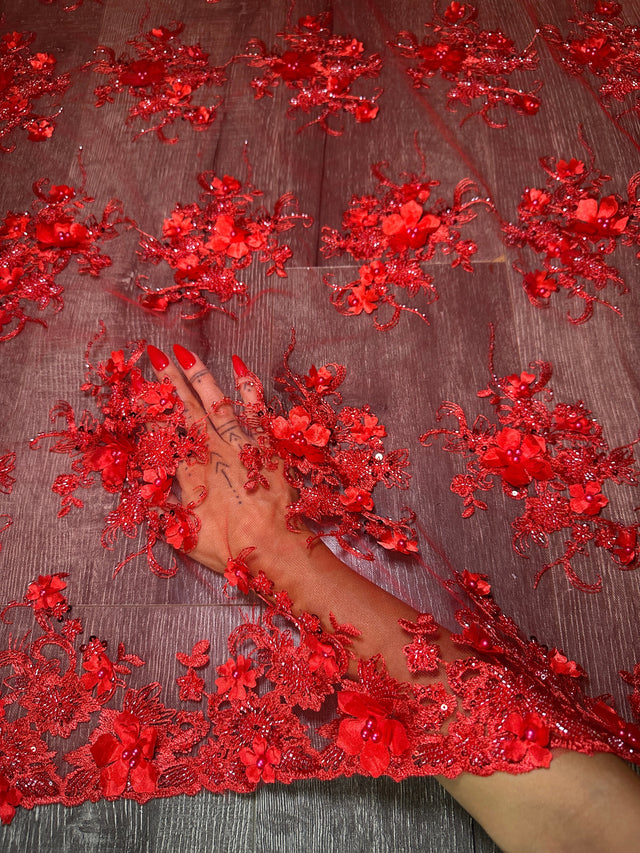 Stretch 3D Floral Beaded Tulle Lace