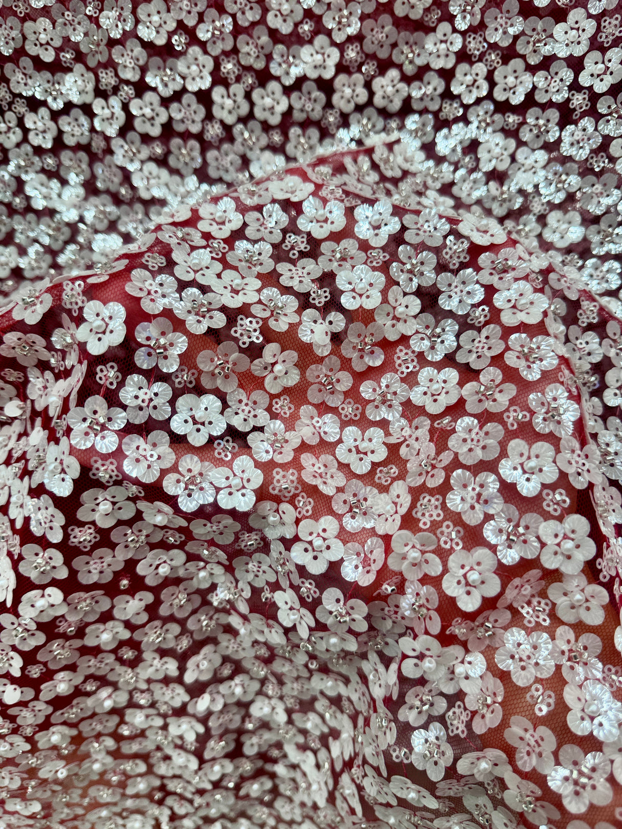 Stretch 3D White Sequin Flowers on Red Mesh