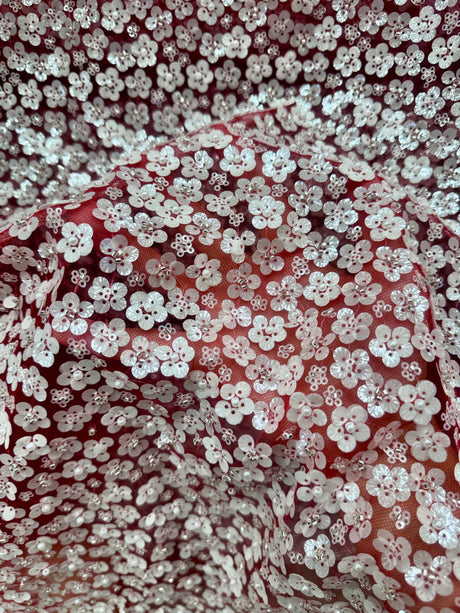 Stretch 3D White Sequin Flowers on Red Mesh