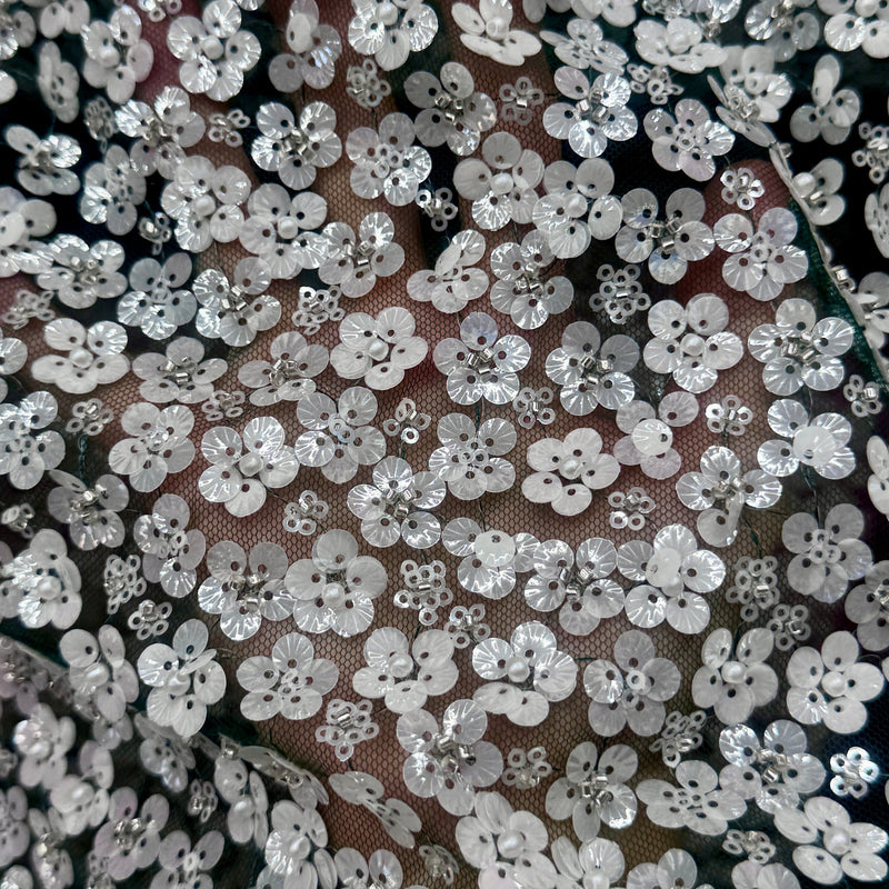 Stretch Sequin Flowers on Hunter Green Mesh