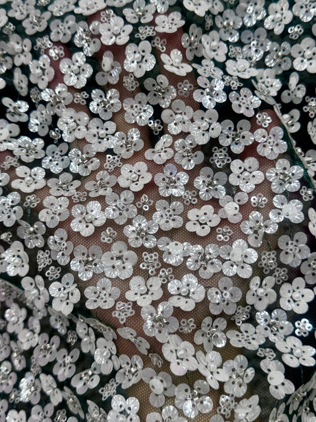 Stretch Sequin Flowers on Hunter Green Mesh