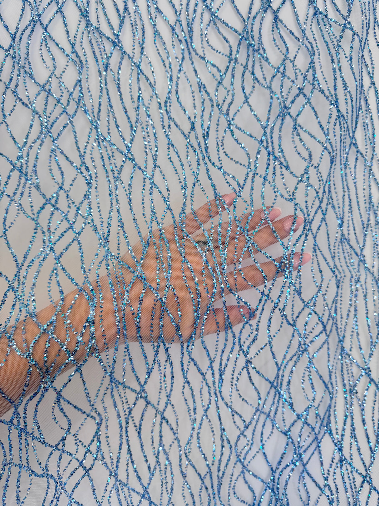Glitter Lace on Mesh Baby Blue