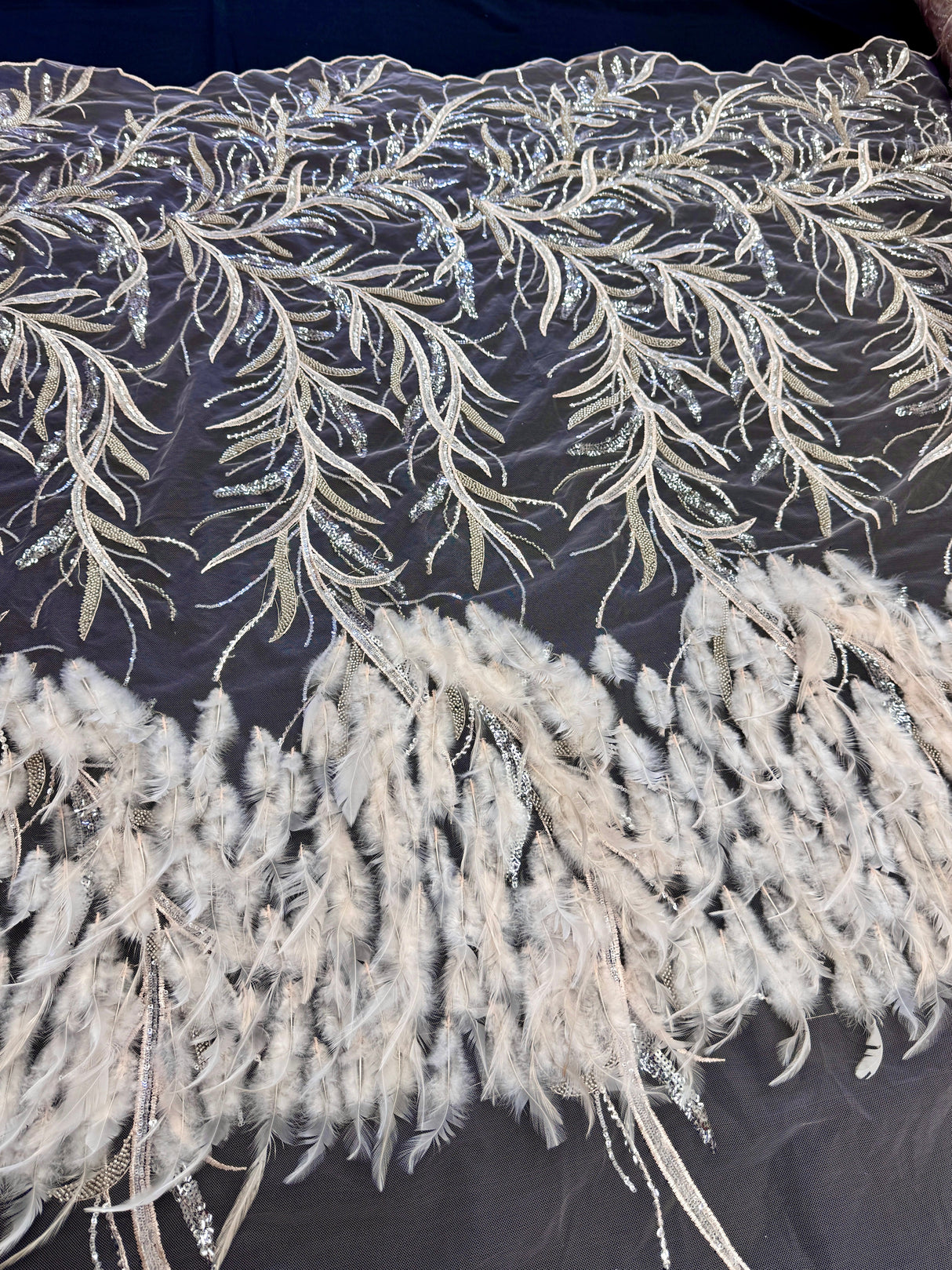 Feather Sequin Embroidered Scalloped Lace