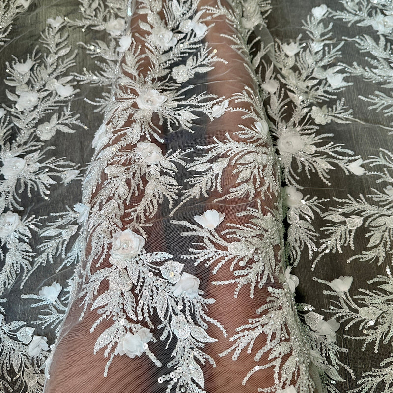 White 3D Floral Branch Sequin Beaded Lace