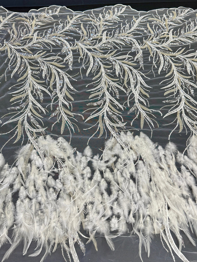 Feather Sequin Embroidered Scalloped Lace