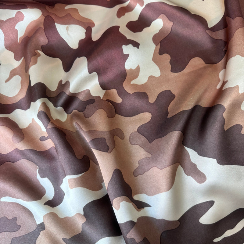 Stretch Satin Khaki Camouflage Army Print