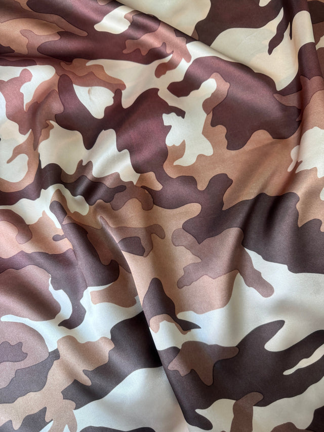 Stretch Satin Khaki Camouflage Army Print