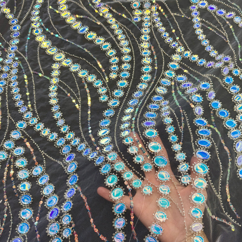 Stretch Sequin Wave Lace White Iridescent