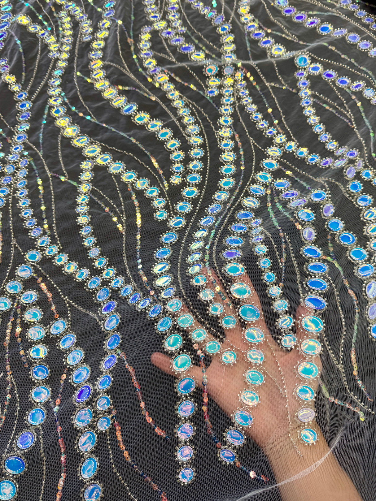 Stretch Sequin Wave Lace White Iridescent