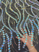 Stretch Sequin Wave Lace White Iridescent