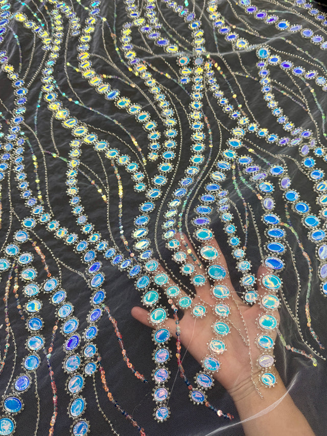 Stretch Sequin Wave Lace White Iridescent