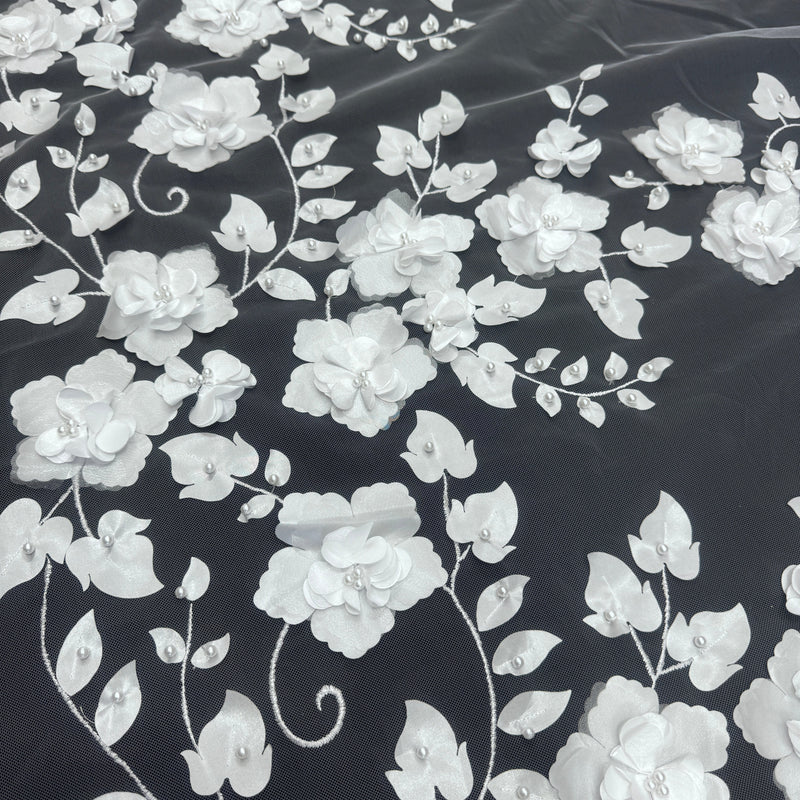 White 3D Flower Beaded Lace Mesh