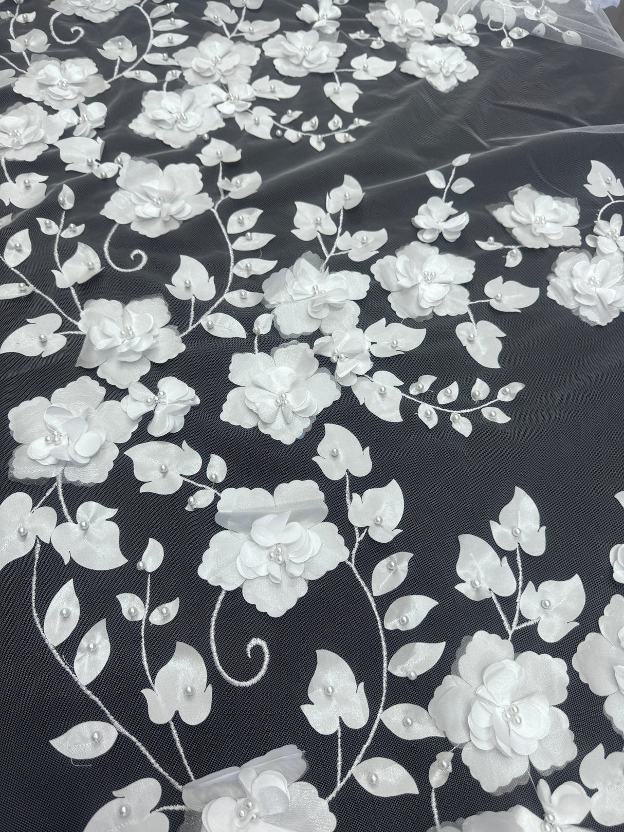 White 3D Flower Beaded Lace Mesh