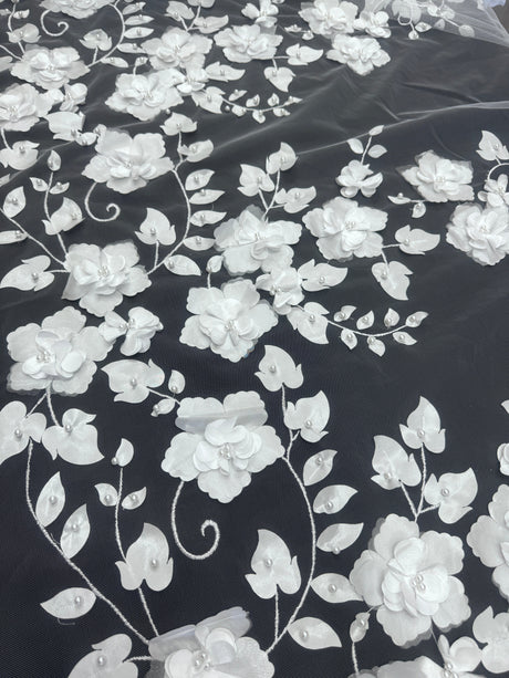 White 3D Flower Beaded Lace Mesh