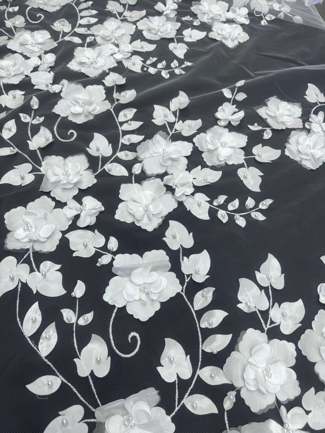 White 3D Flower Beaded Lace Mesh
