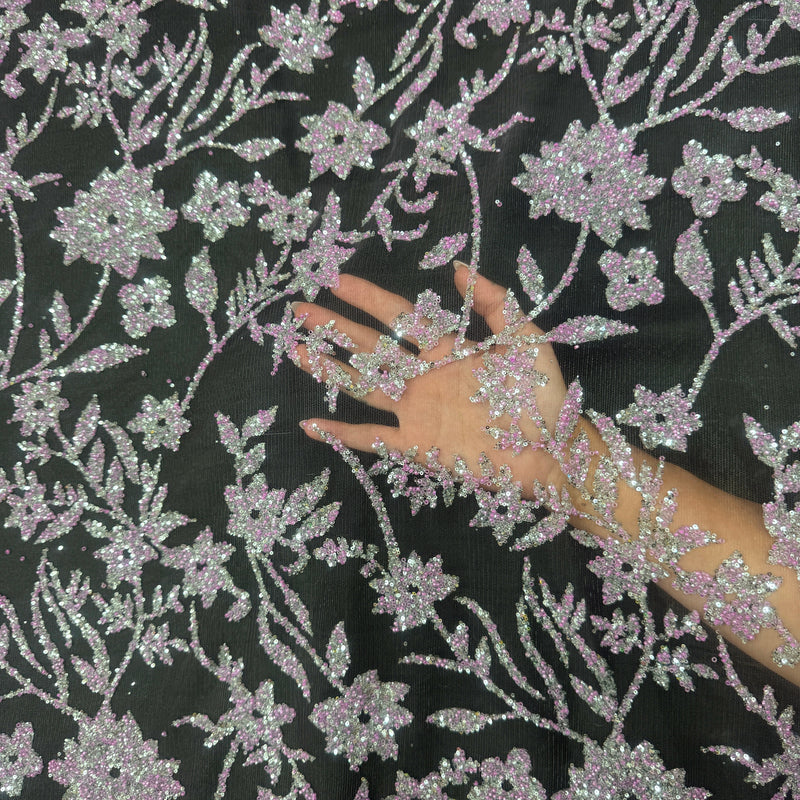 Beaded Floral Lace Lavender Silver