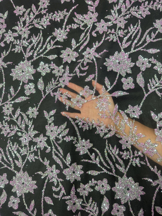 Beaded Floral Lace Lavender Silver