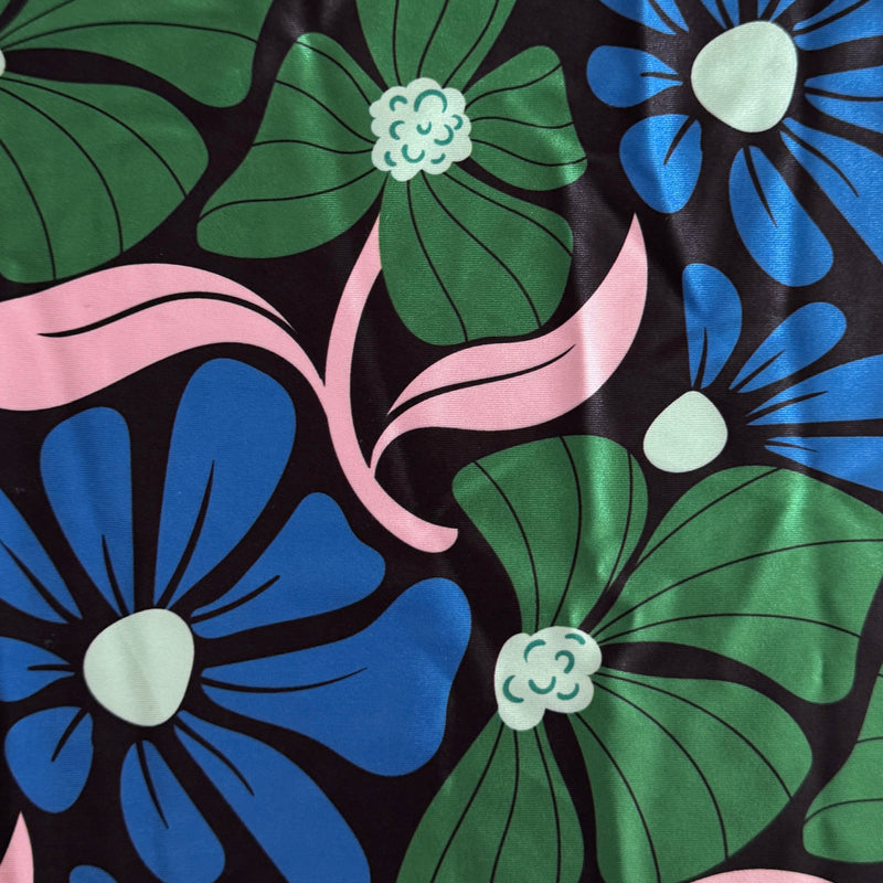 Printed Nylon Spandex Blue Retro Blossom Flowers