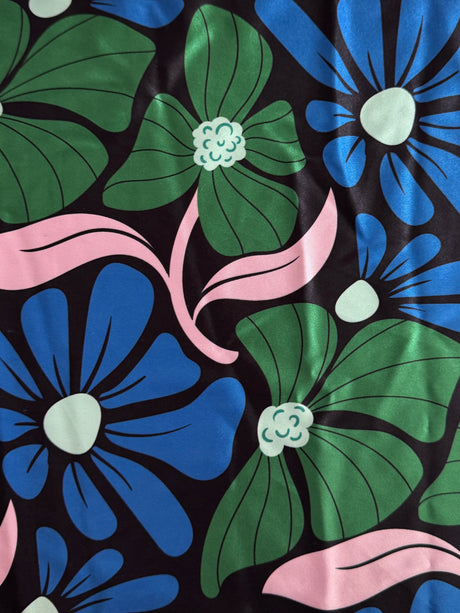 Printed Nylon Spandex Blue Retro Blossom Flowers