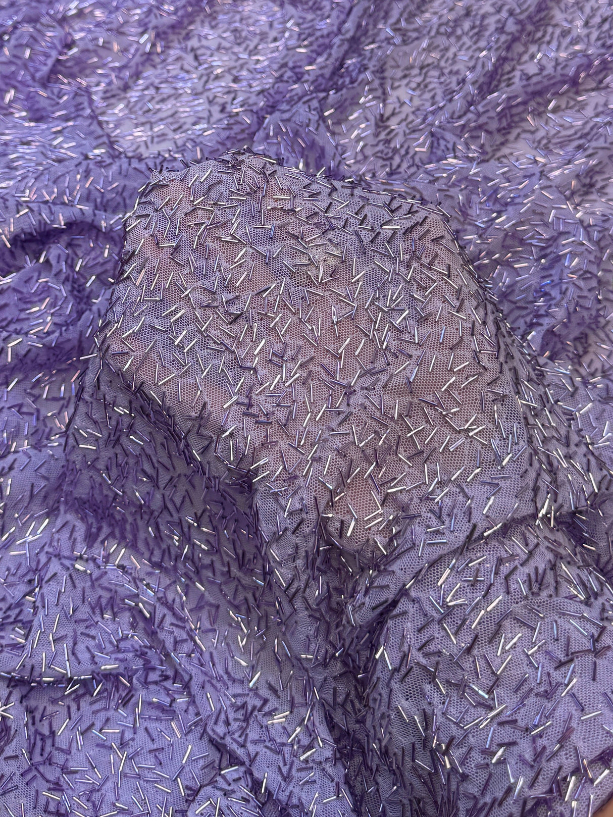 Lavender Bugle Beaded Stretch Mesh