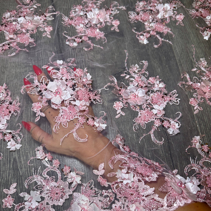 3D Floral Embroidered Beaded Tulle Lace
