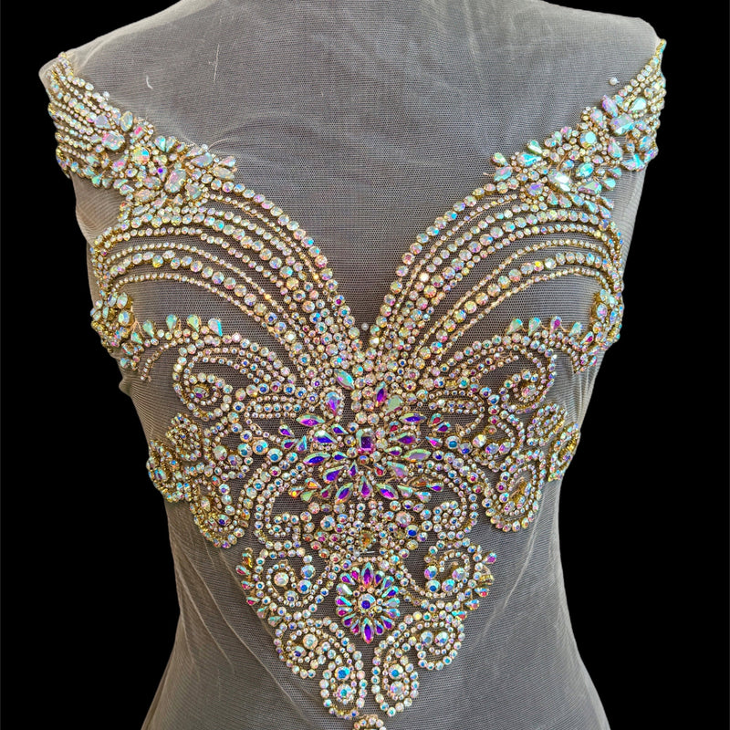 Gold Iridescent Rhinestone Bodice Applique