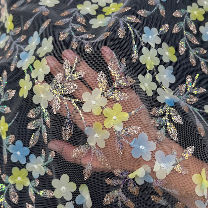 3D Floral Embroidered Tulle Blue Yellow Multicolor
