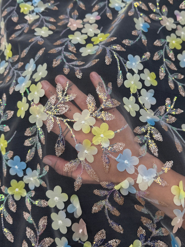 3D Floral Embroidered Tulle Blue Yellow Multicolor