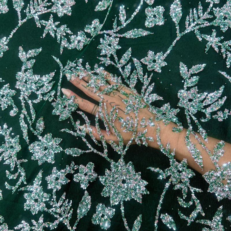 Beaded Floral Lace Green Silver