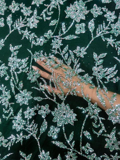 Beaded Floral Lace Green Silver