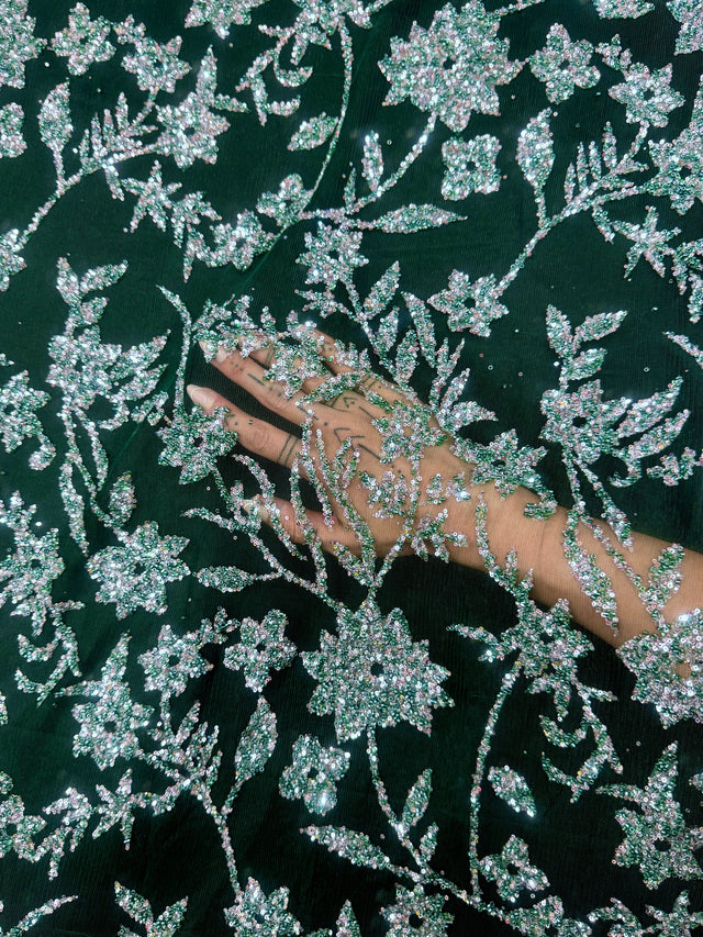 Beaded Floral Lace Green Silver