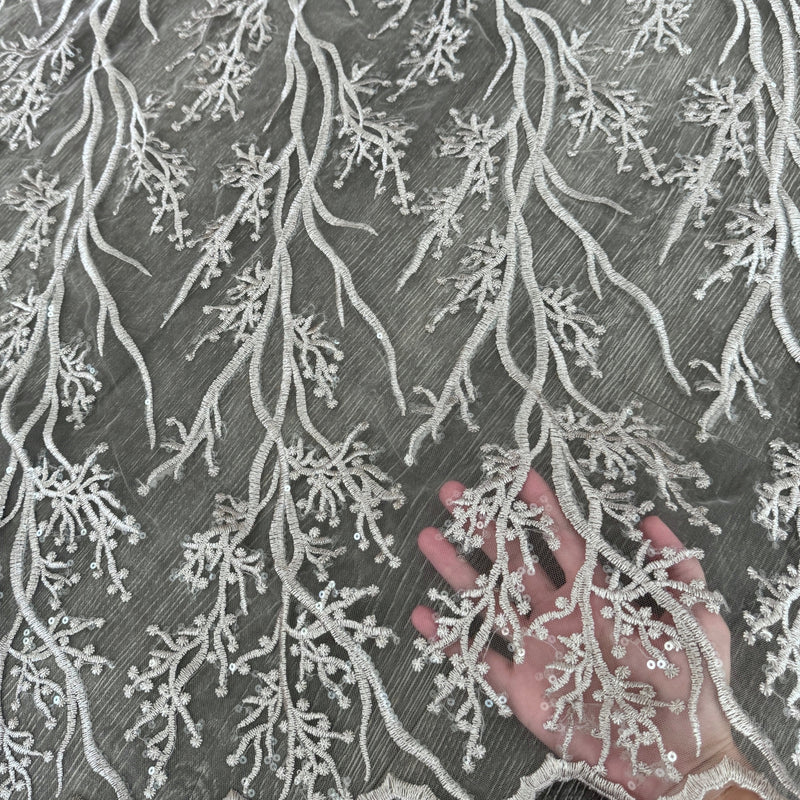 Silver Embroidered Branch Bridal Lace