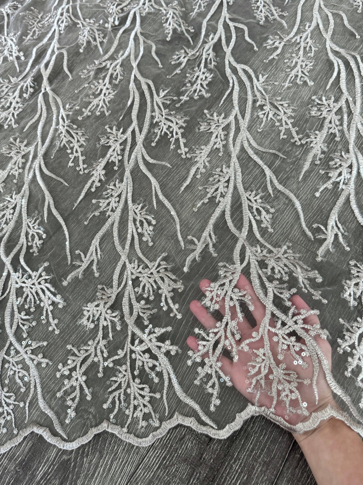 Silver Embroidered Branch Bridal Lace