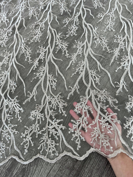 Silver Embroidered Branch Bridal Lace