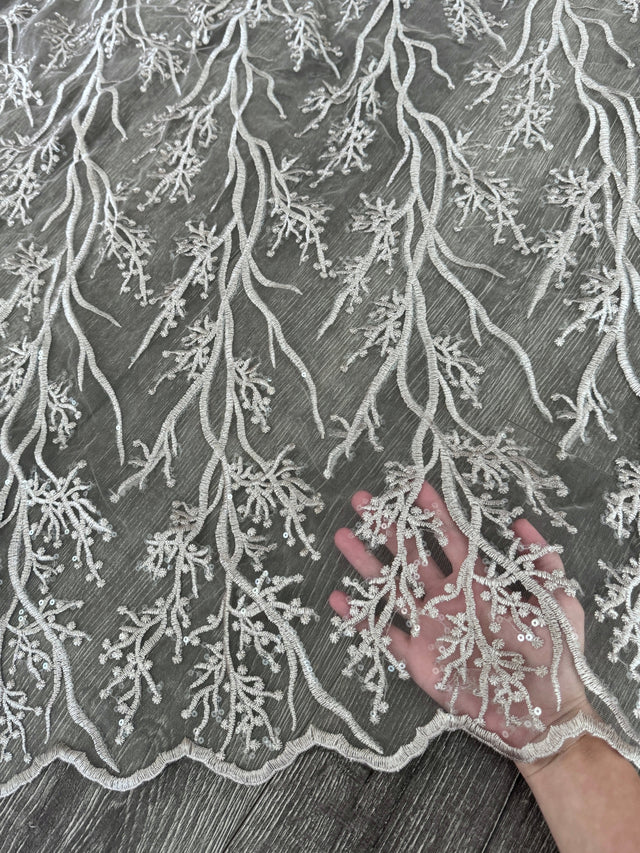 Silver Embroidered Branch Bridal Lace